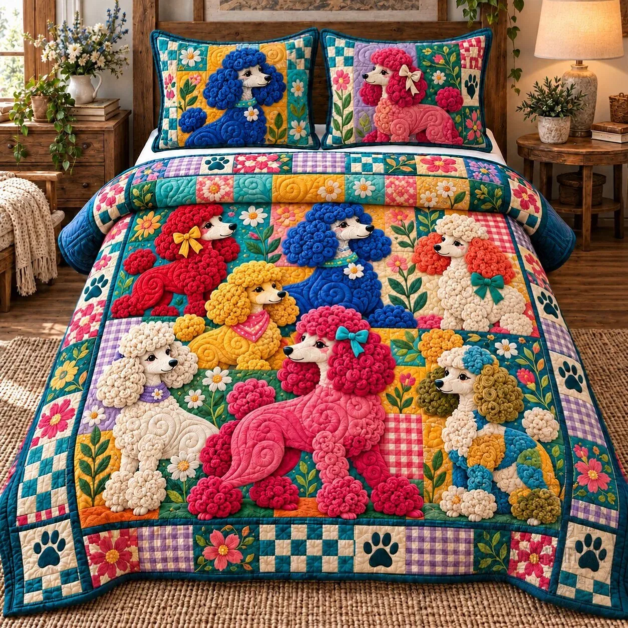Colorful Poodle Patchwork Quilted Bedding Set