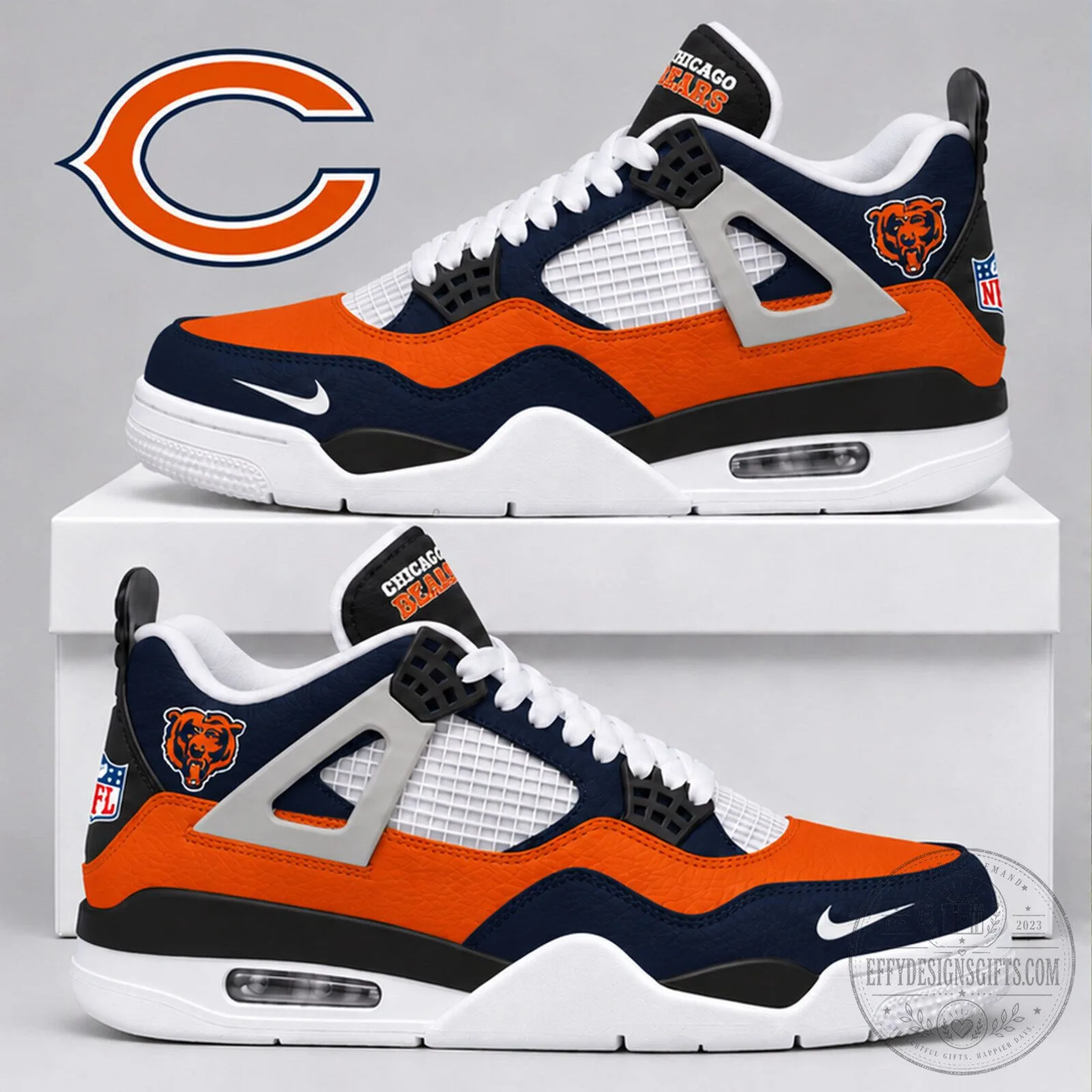 Chicago Bears NFL Team Logo Orange and Navy Blue Athletic Sneakers