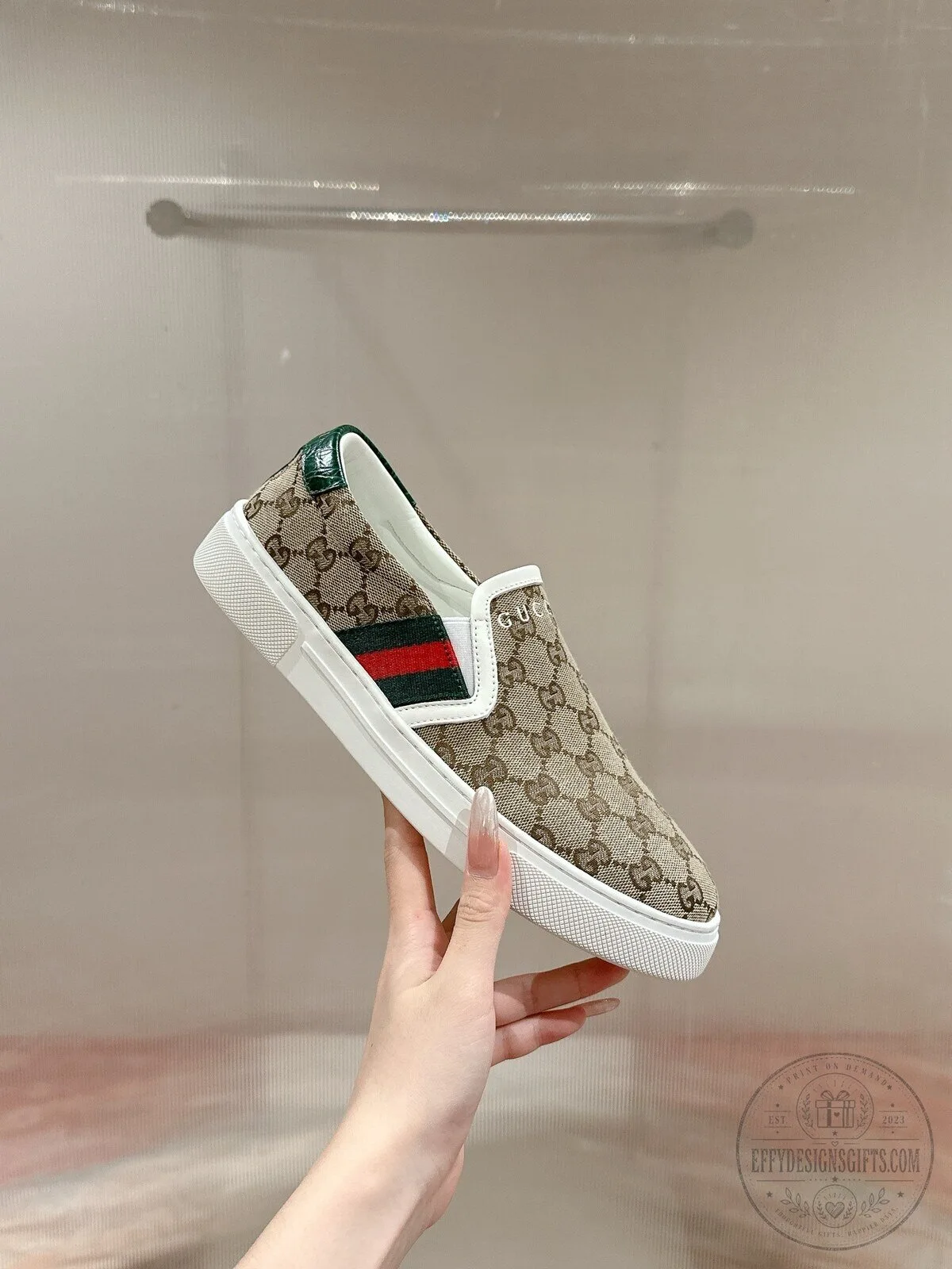 Gucci Monogram Canvas Slip-On Sneakers with Green and Red Web Detail
