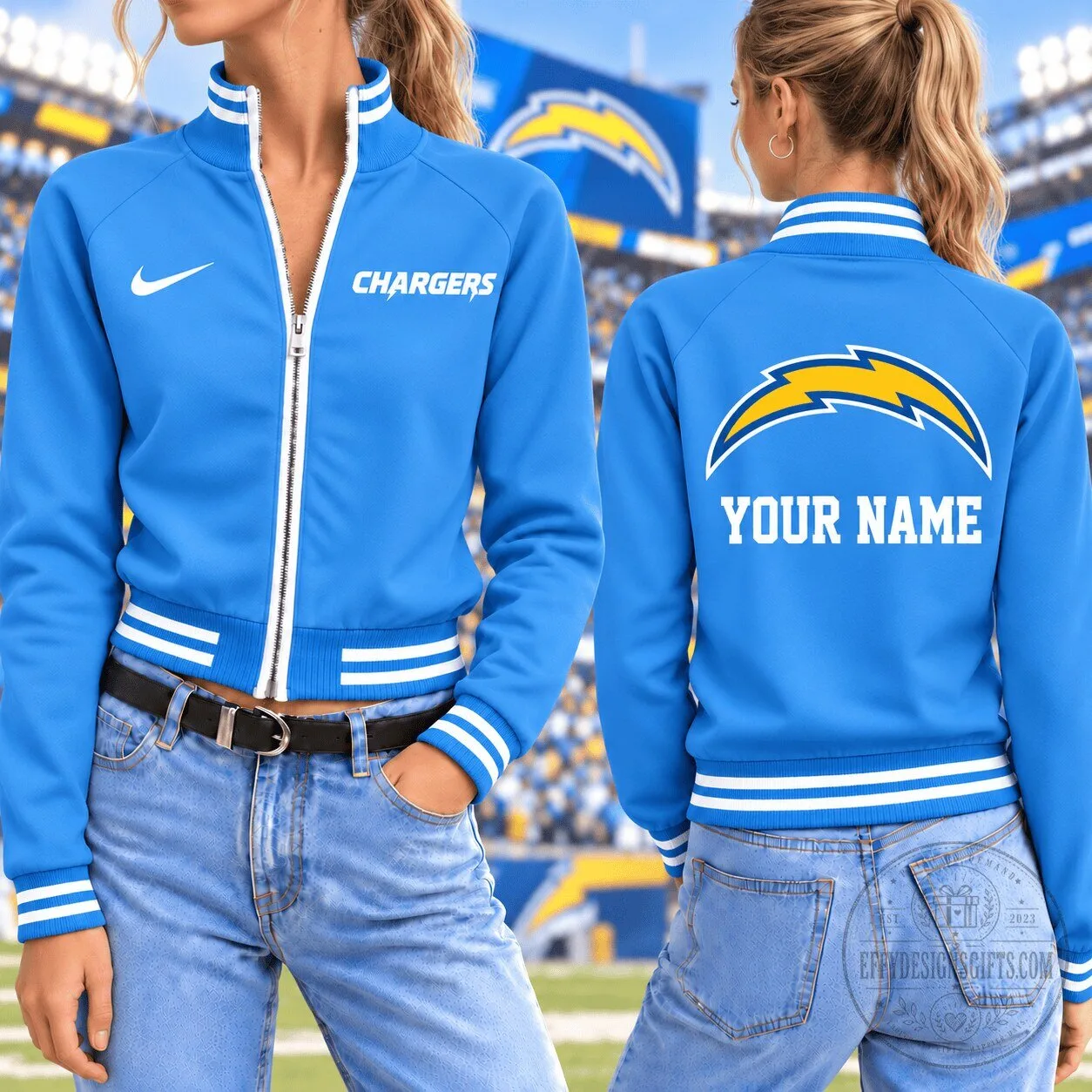 Los Angeles Chargers Custom Name Blue Full-Zip Bomber Jacket