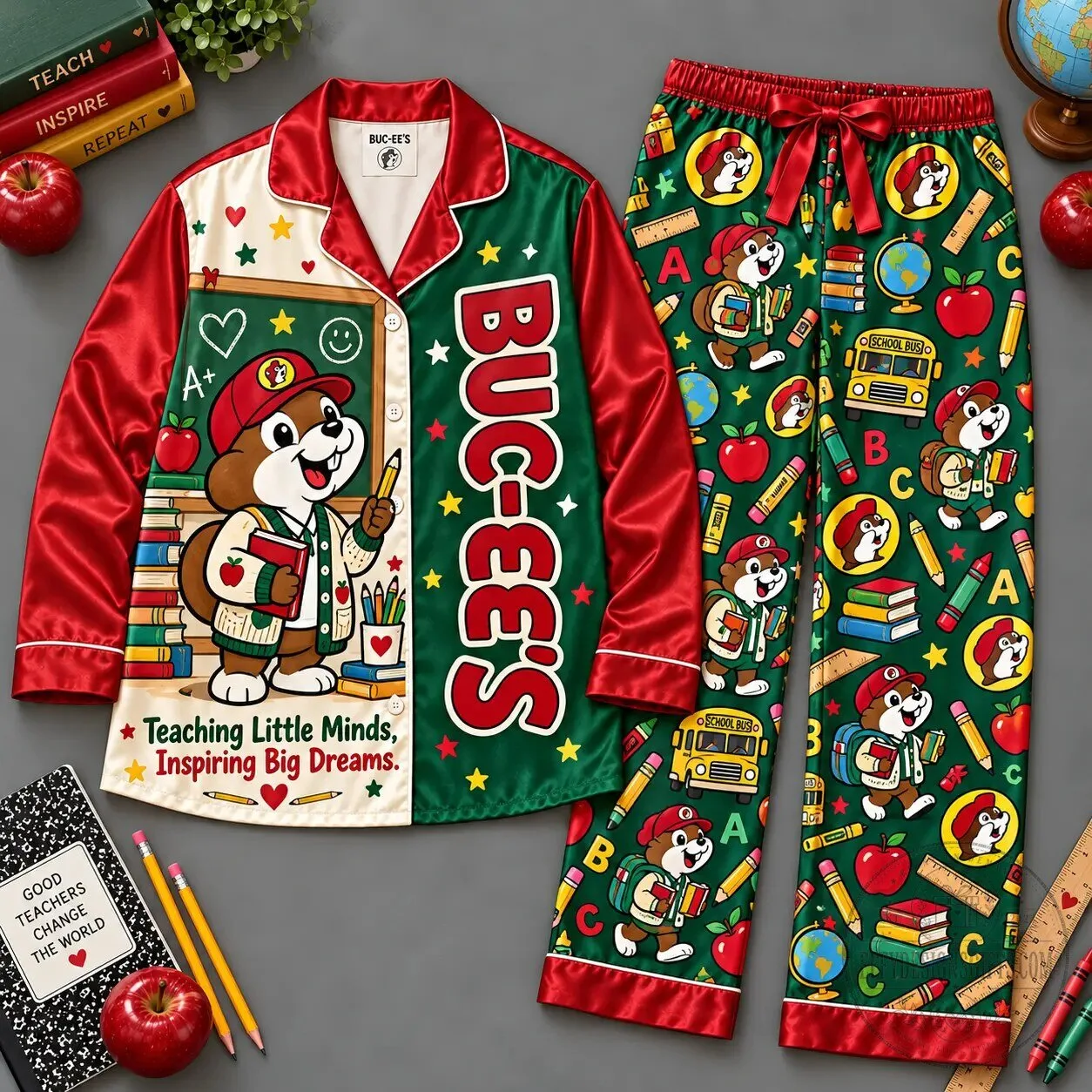 Buc-ee’s Teaching Little Minds School Icons Red Green Long Sleeve Pajamas Set