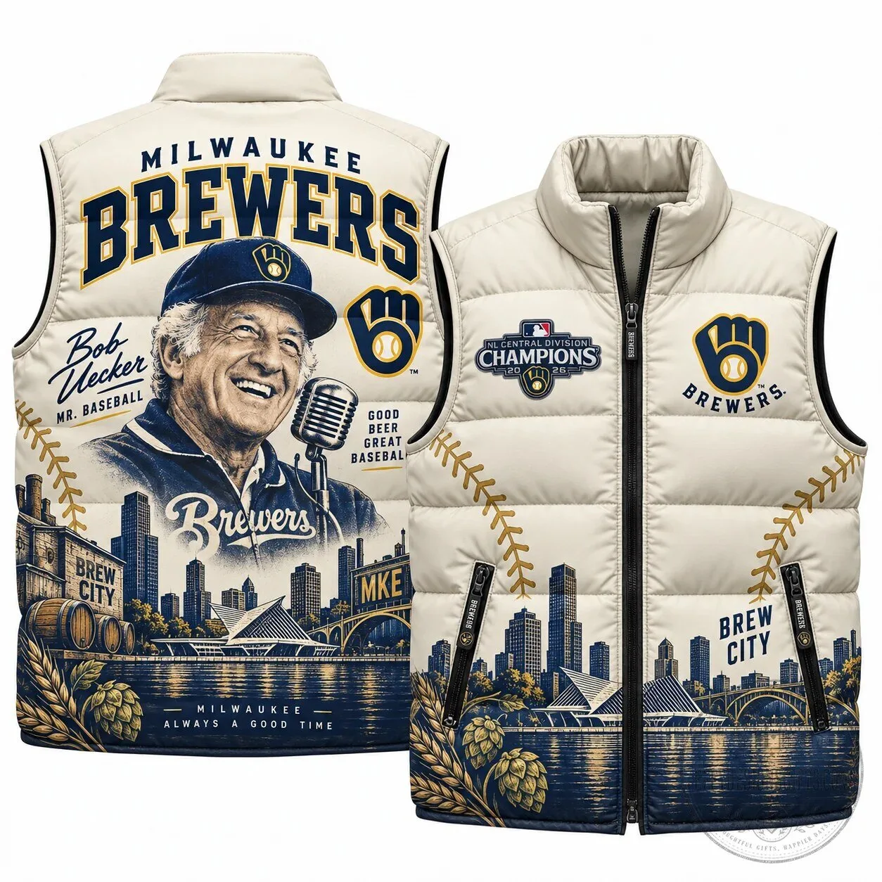 Bob Uecker Milwaukee Brewers MLB Baseball Puffer Vest