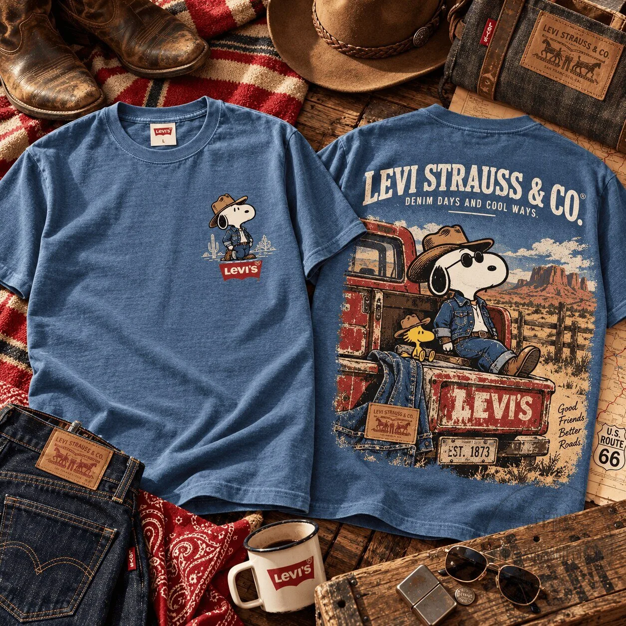 Levi's Snoopy Woodstock Vintage Western Denim Road Trip Graphic T-Shirt