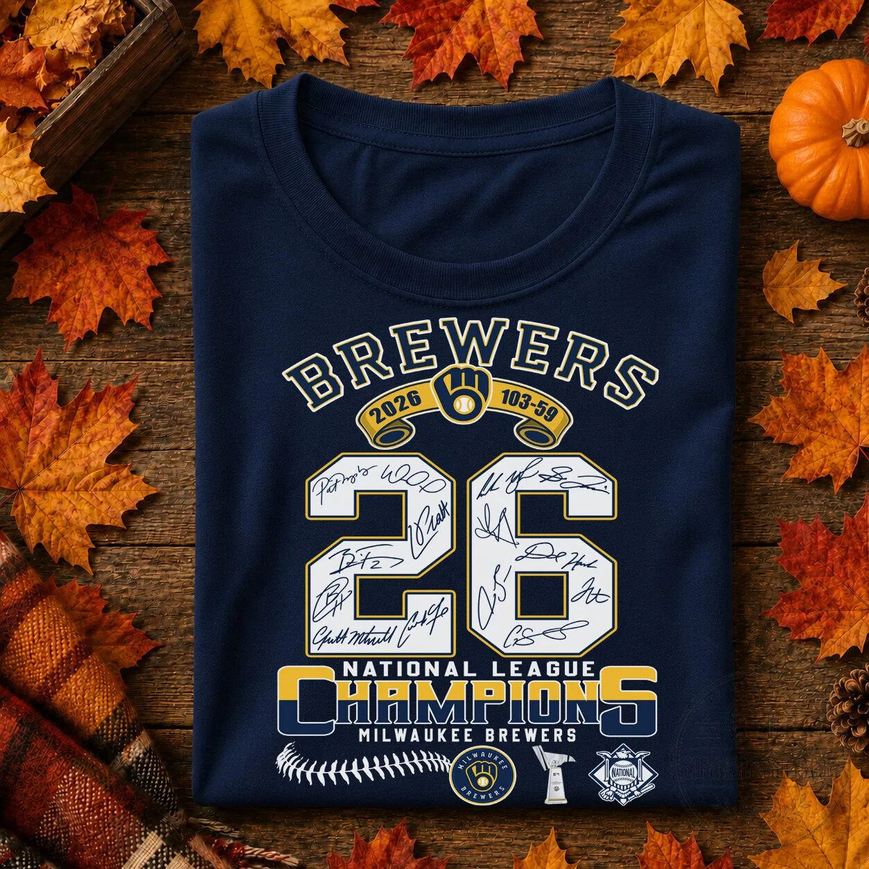 Milwaukee Brewers 2026 National League Champions Number 26 Signatures T-Shirt