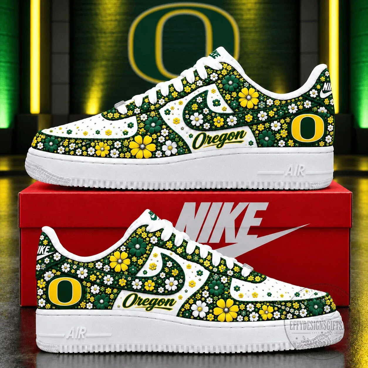 Oregon Ducks NCAA Floral Pattern White Athletic Shoes