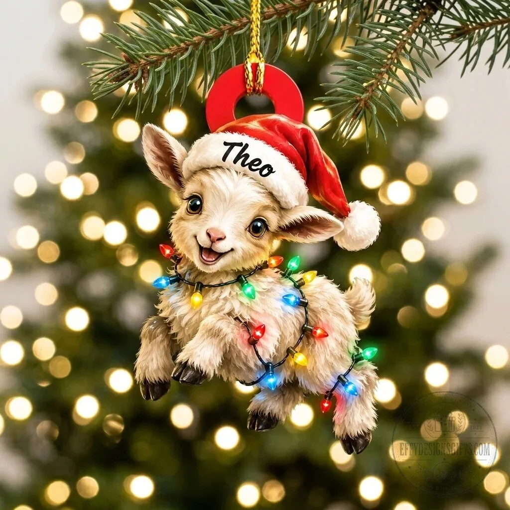 Personalized Baby Goat Christmas Ornament with Santa Hat and Lights