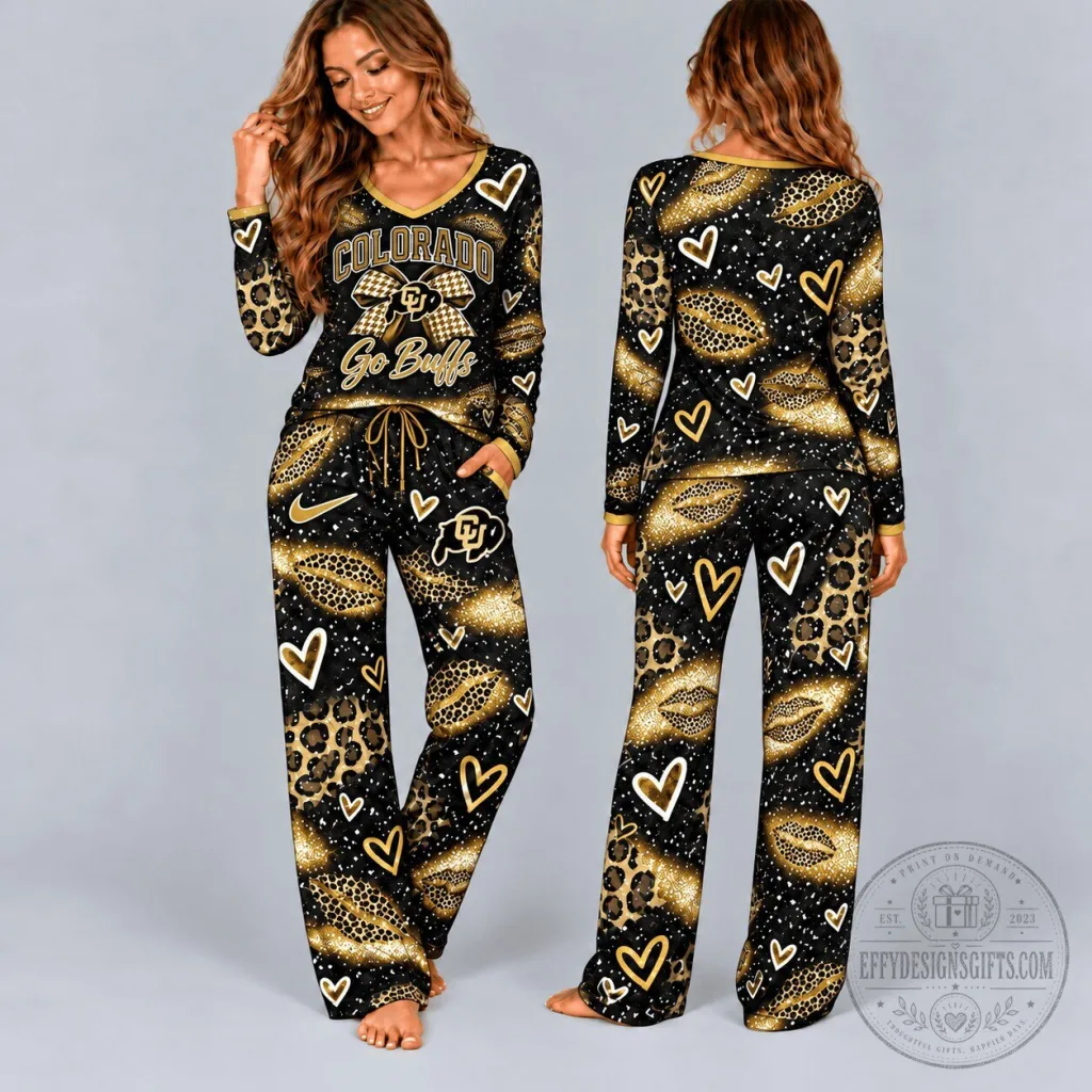 Colorado Buffaloes Leopard Print V-Neck Long Sleeve Top and Lounge Pants Pajamas Set Colorado Buffaloes Leopard Print V-Neck Long Sleeve Top and Lounge Pants Pajamas Set