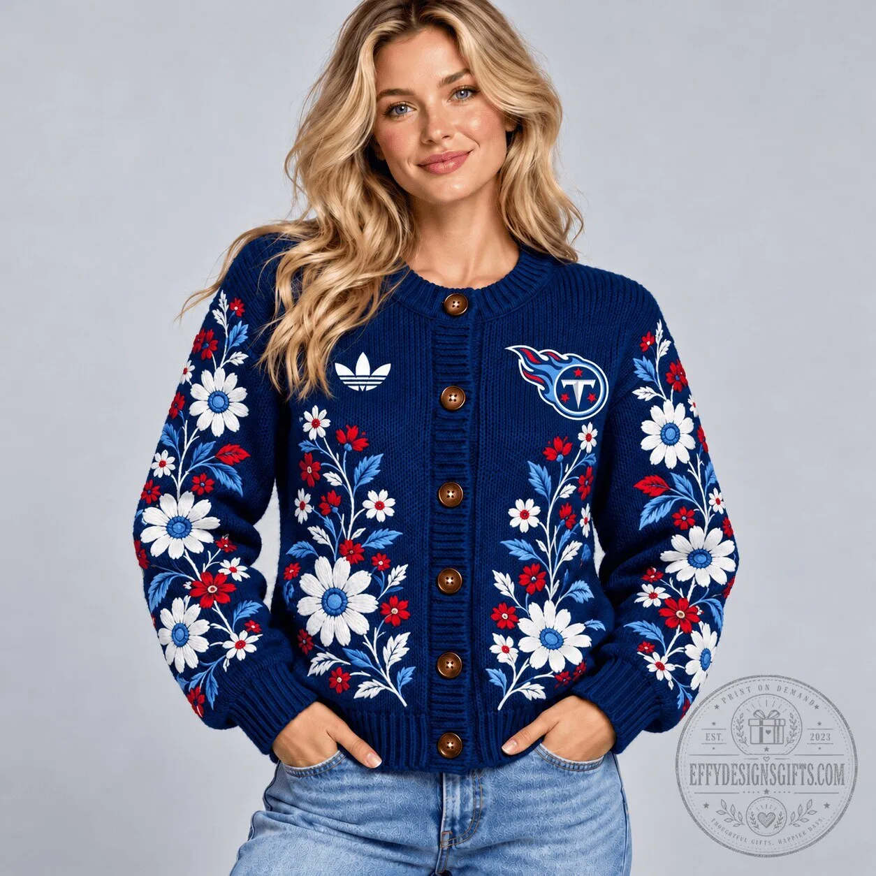 Tennessee Titans NFL Floral Embroidered Button-Up Cardigan Sweater